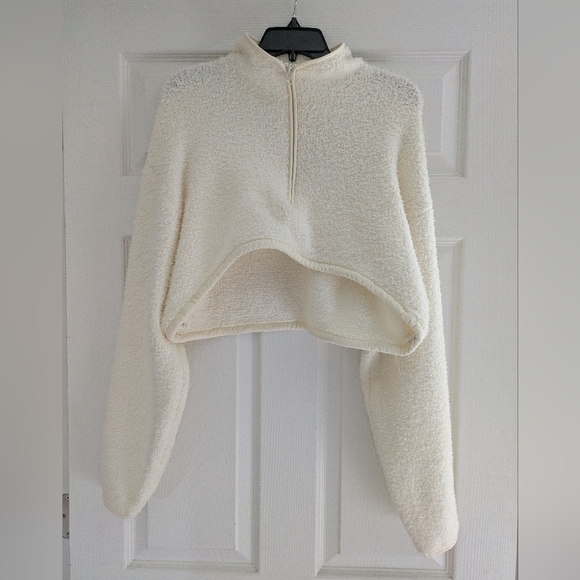 SKIMS Quarter Zip Cozy Knit Crop Pullover Sweater Cream Kim Kardashian West S/M - Picture 1 of 9